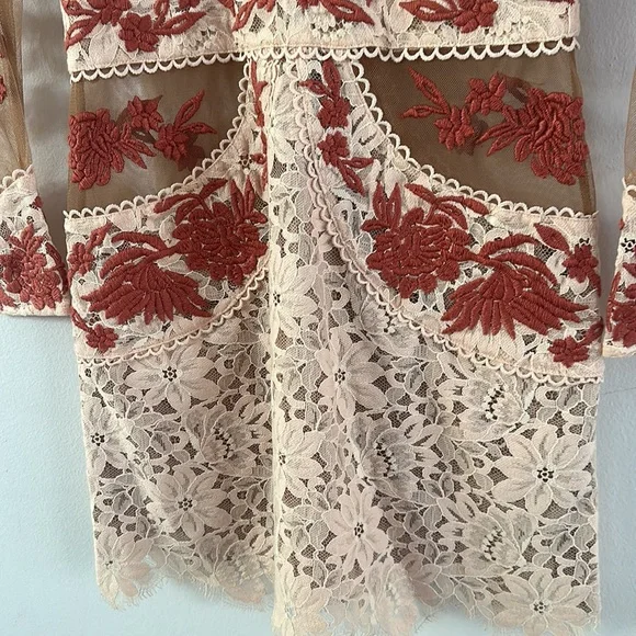 For Love And Lemons Long Sleeve Dress in Cream and Red - Picture 6 of 9